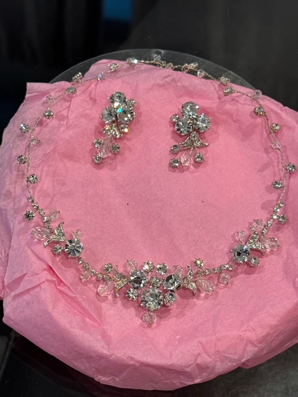 Crystal Floral Silver-Tone Necklace and Earring Set - Pink Display